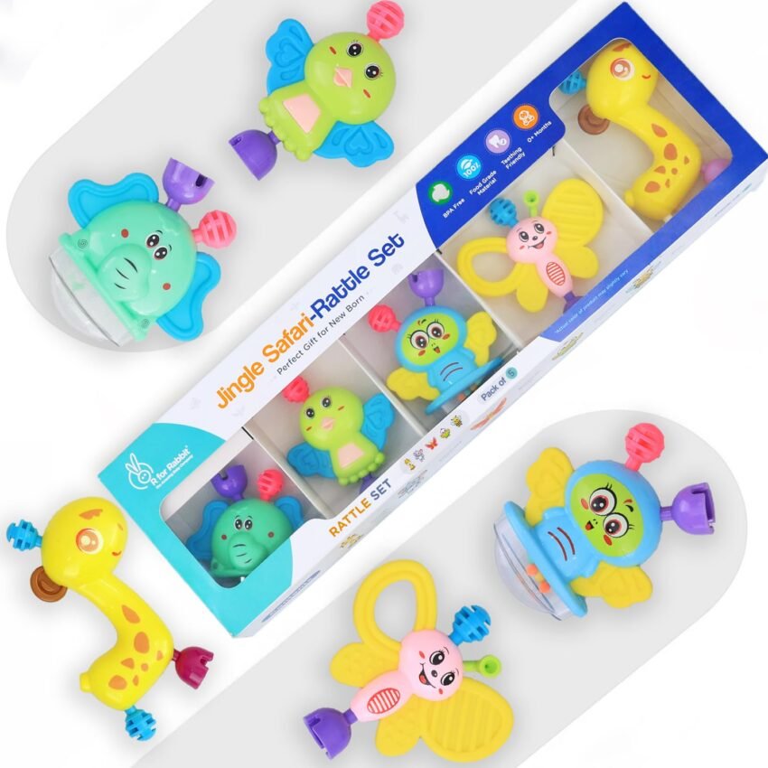 R for Rabbit Jingle Safari Infant Kids Rattles 5 Pcs Combo Toy Set for New Born Baby Lightweight BPA Free Toys Set for 0 to 24 Month Children (Multicolor)