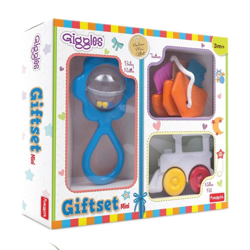 Giggles Funskool Gift Set Mini, Toy Set for Newborn Baby, Infants & Toddlers, Includes Rattle, Teether, Vehicle & Activity Toys With Development, Gift Set for Babies, Multicolor Age 5+ Months
