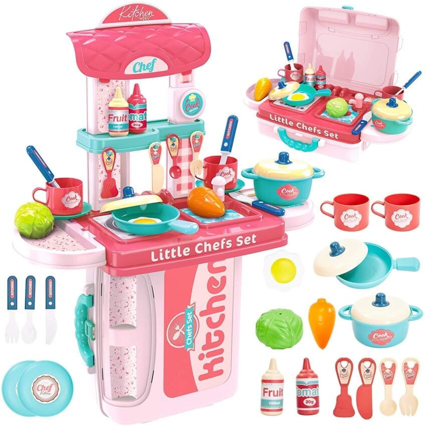 Cable World Plastic 3 in 1 Portable Pretend Food Party Role Cooking Kitchen Play Set Toy for Boys and Girls