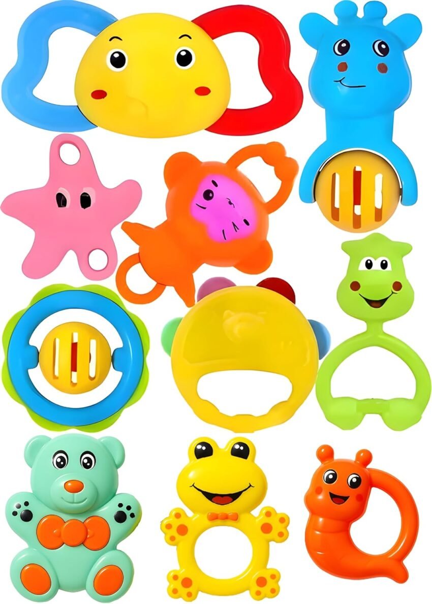 Cable World Bath Toy Infant Colourful Plastic Non Toxic Set of 10 Attractive Rattles and Teathers, Baty Toy for Kids, New Borns, Baby