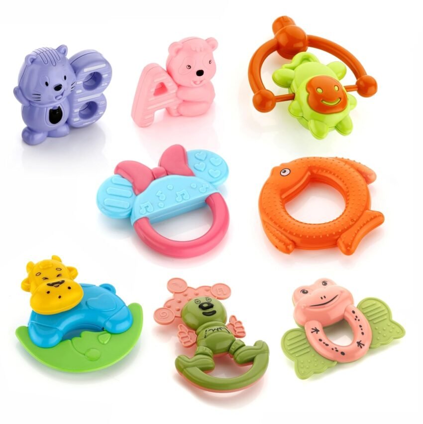 Cable World Set of 8 Premium Rattle Set, Colourful Plastic Non Toxic 8 Attractive Rattles and Teathers for New Borns Multi Color