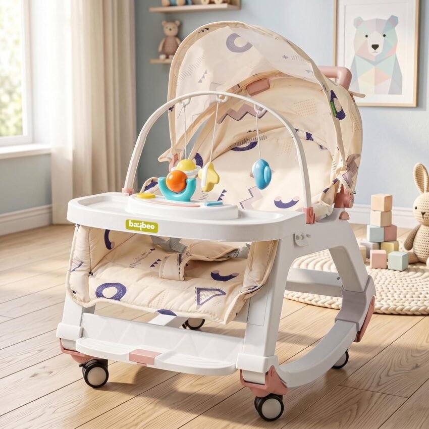 Baybee 5 in 1 Baby Rocker and Feeding Chair for Babies | Portable Rocking Chair for Kids with Parent Handle, Multi Position Recline, Food Tray & Music | Baby Bouncers 0 to 3 Years Boys Girls (Pink)