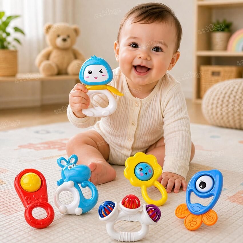 Zest 4 Toyz Baby Rattles Set 6 Pcs 0-6 Months BPA Free Soft Rattling Sound | Fun Colours Non Toxic Toy for Babies | Multi-Colored with Tethers | New Born | Toy Gift Set (Made in India)