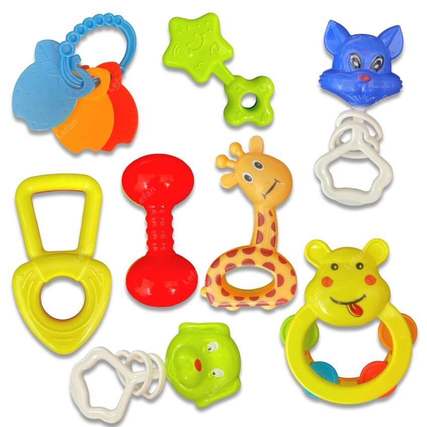 Lefan Baby Products Toys 8 Pcs Rattle Set with Teathers for Newborn Baby Gifts Toy for Babies Children Rattles Set 6-12 Months Teething Toys 3-6 Months Newborn Boy Girl