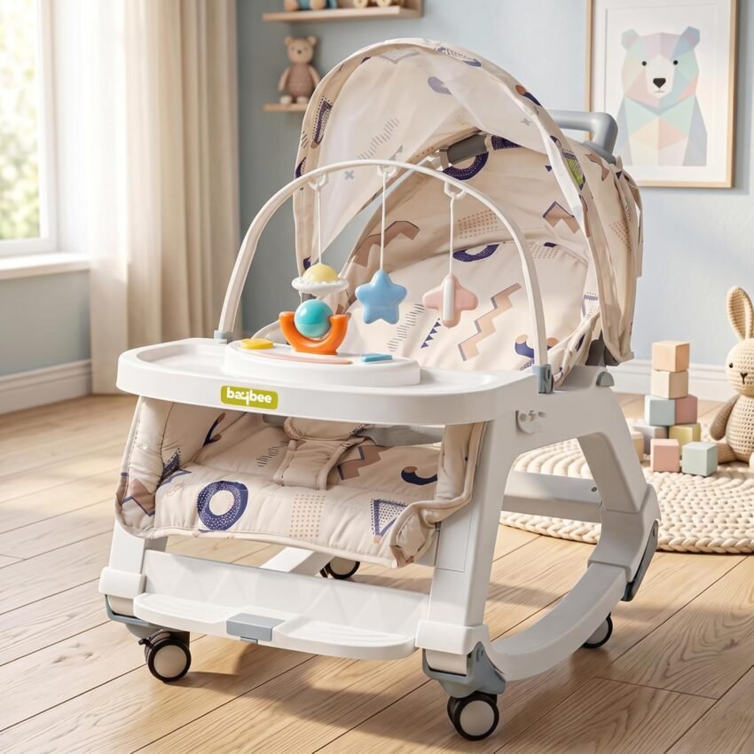 Baybee 5 in 1 Baby Rocker and Feeding Chair for Babies | Portable Rocking Chair for Kids with Parent Handle, Multi Position Recline, Food Tray & Music | Baby Bouncers 0 to 3 Years Boys Girls (Grey)