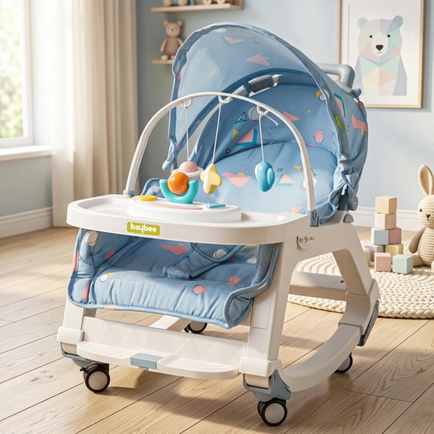 Baybee 5 in 1 Baby Rocker and Feeding Chair for Babies | Portable Rocking Chair for Kids with Parent Handle, Multi Position Recline, Food Tray & Music | Baby Bouncers 0 to 3 Years Boys Girls (Blue)