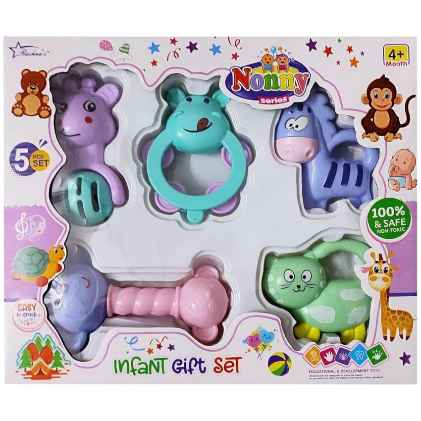 Baby Products Toys 5 Pcs Rattle Set with Teathers for New Born Baby Gifts, Toy for Babies, Non-Toxic