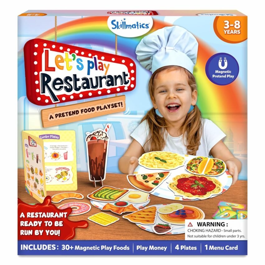 Skillmatics Pretend Play Playset – Restaurant Playset, 30+ Magnetic Food Items for Child’s Play, Restaurant Toys, Back-to-School Kitchen Accessories, Gifts for Kids, Toddlers, Ages 3, 4, 5, 6, 7, 8