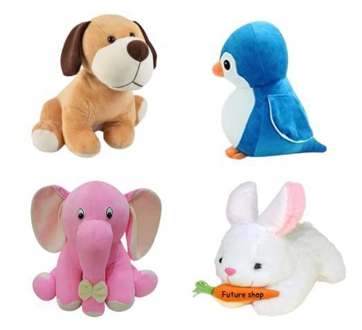 Pack of 4 Soft Toys Combo Set – Appu Elephant (25 cm), Penguin (20 cm), White Rabbit (28 cm), Sitting Dog (25 cm) – Perfect for Kids Gifts