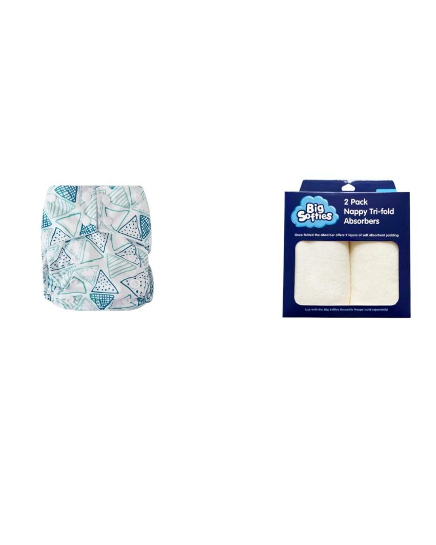 Big Softies Reusable Nappy with insert and 2 Absorbers Bundle – Geo