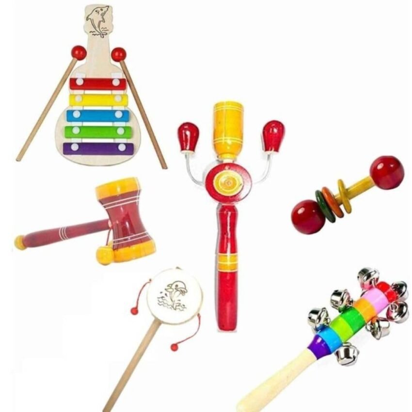 Little Mind Wooden Baby Rattle Set of 6 – Non-Toxic Musical Sensory Toys for Newborns & Infants (0-12 Months) – BPA-Free Multicolor Teethers with Soothing Sounds, Handmade Gift