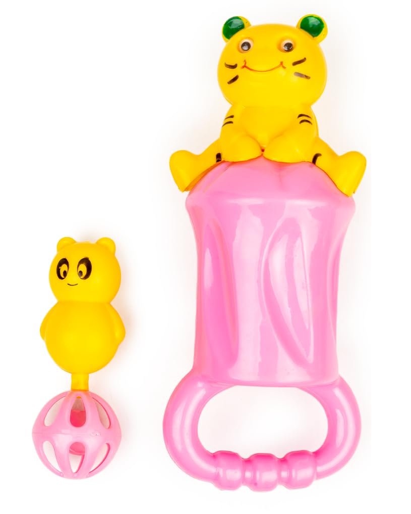 Ratna’s Mom & Baby Rattle Set of 2 pcs with Sound to Attract New Born Babies, Infants & Toddlers (Assorted Colours)