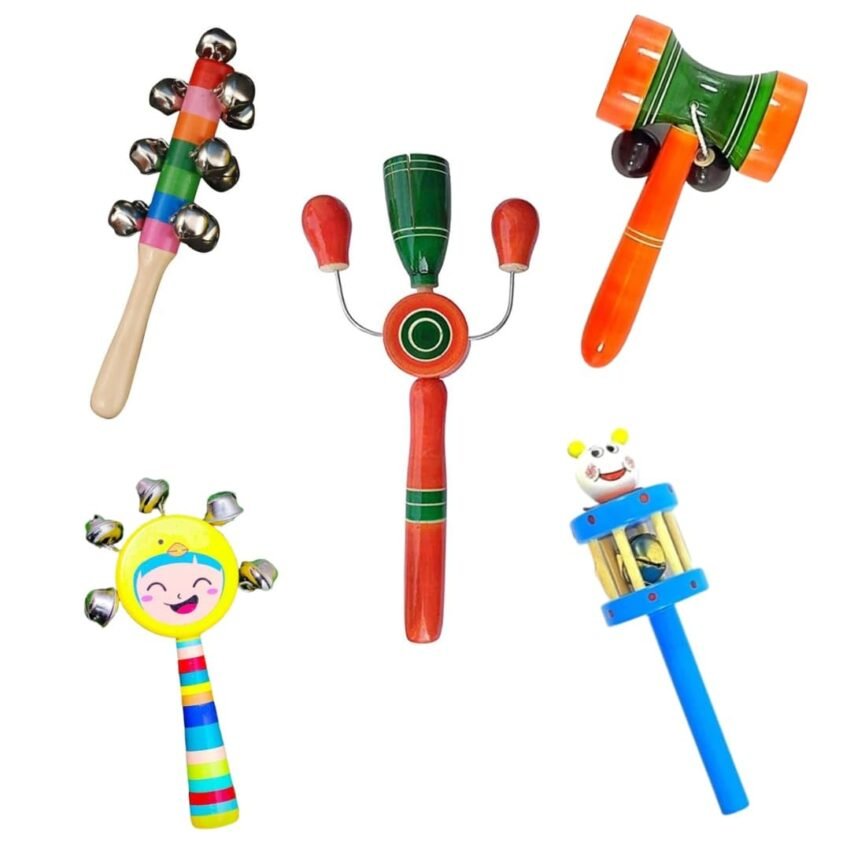 Little Mind Wooden Rattles Toys for Baby, New Born Baby Toys Combo 5 Pcs Wooden Non Toxic Colourful Rattle Toys for Baby, Musical Infant Toy,Rattel (Multicolor)
