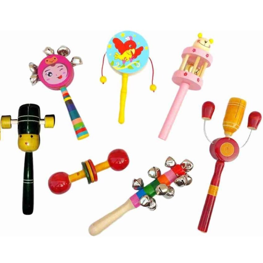 Little Mind Colourful Wooden Baby Rattle Toy – Hand Crafted Rattle Set for Kids – Musical Toy for Newly Born (Pack of 7)