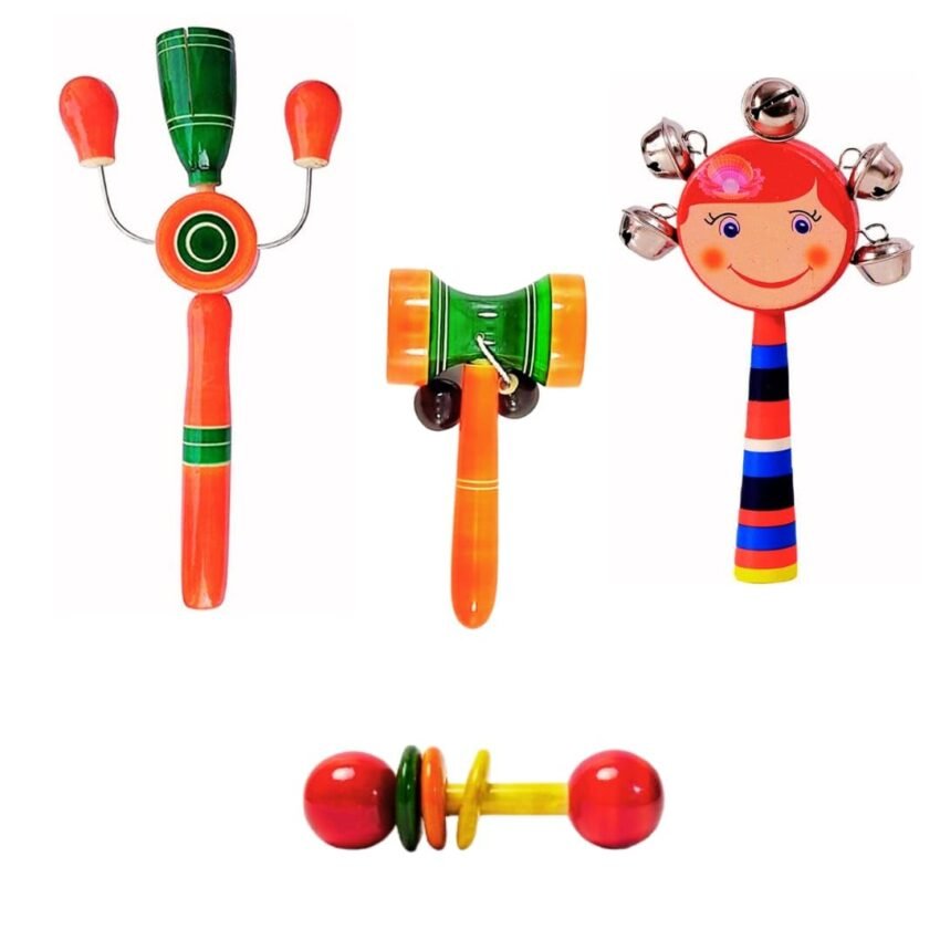 Little Mind Wooden Non Toxic Colorful Rattle Toys for New Born Baby, Musical Infant Toy Pack of 4
