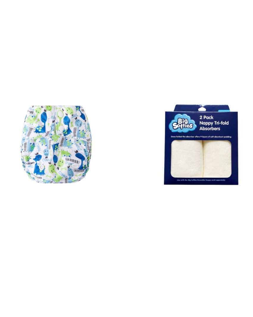 Big Softies Reusable Nappy with insert and 2 Absorbers Bundle – Dino