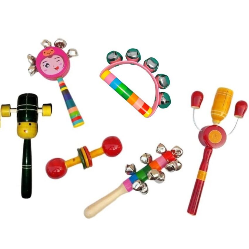 Little Mind Wooden Baby Rattle Toddler Toys Set for New Born Baby Gifts 0 to 12 Month Boy Girl – Colorful and Musical Wooden Toys for Infants (Pack of 5)