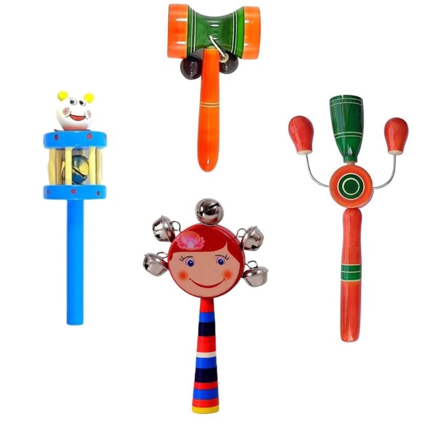 Little Mind Wooden Rattle Toys for Baby, Infants/New Born Babies (0+ Years) -Set of 4- Multi Color