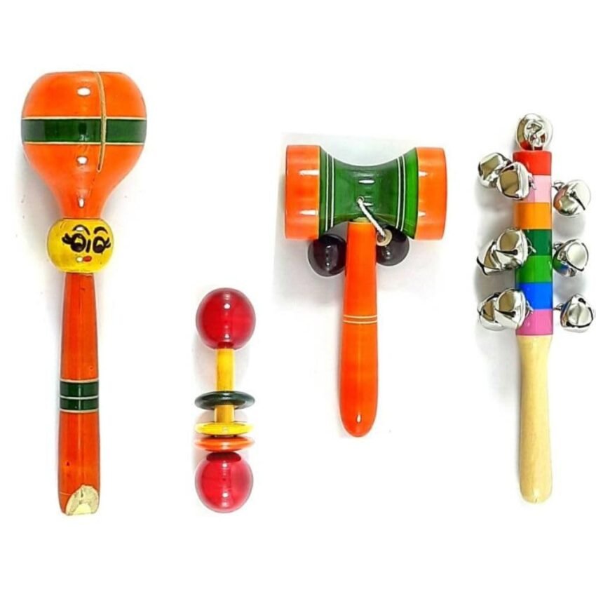 Little Mind Colourful Wooden Baby Rattle Toy – Hand Crafted Rattle Set for Kids – Musical Toy for Newly Born – Pack of 4