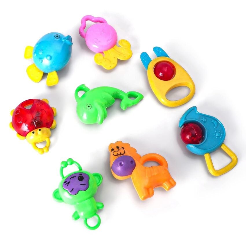 BabyGo Rattle Set with Teathers for New Born Babies, Toy for Babies, Non-Toxic – Pack of 8 (Multi Color)