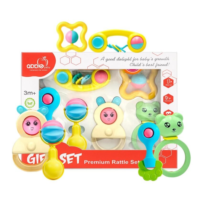 Apple Baby 6 Pcs Rattles for Baby 0-6 Months | New Born Baby Toys Rattle Set with Fun Colors & Soft Rattling Sound | BPA Free Infant Teether Toy | Perfect New Born Toy Set Gift Pack