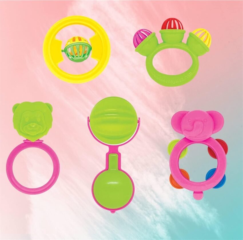 Lukzer Baby Rattle Toys 5 PCS Set | BPA-Free Non-Toxic Teething & Learning Toys for Infants | Early Sensory Development Gift for Newborn Boys & Girls 0-12 Months | Multicolor Shake & Play Set