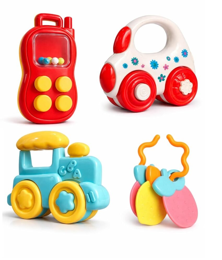 Prime Brands Attractive Rattles and Teathers for Baby – Rotating Wheel Train, Rolling Car, Sound & Rattle Phone, Silicone Teether – Educational Sensory Toys for Toddlers Boys & Girls (Pack of 4)