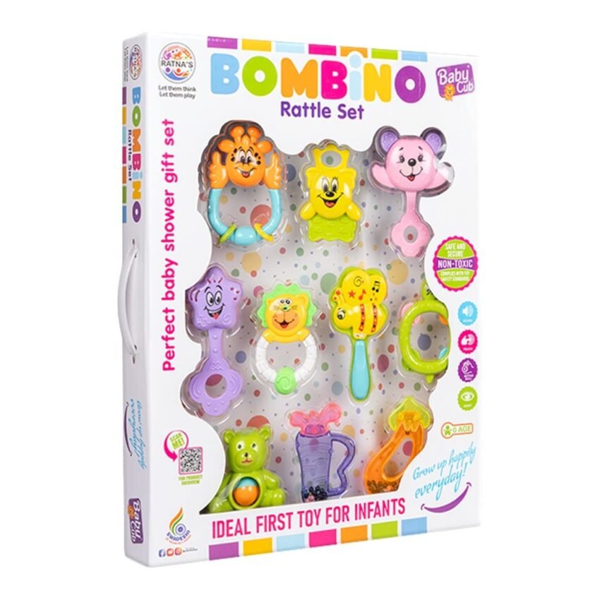 Ratna’s Bombino Rattle Set Colourful Plastic Non Toxic Pack of 10 Attractive Rattle for New Borns | A Perfect Baby Shower Gift Set with Box Packing | Assorted Colours
