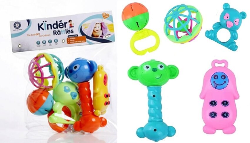 Fratelli Colorful Teether Rattle Set of Attractive Rattle Toy for New Born, Perfect Gift for New Born Babies-Made in India (ISI Quality Approved) Non Toxic (Set of 5 – Kinder Rattle)