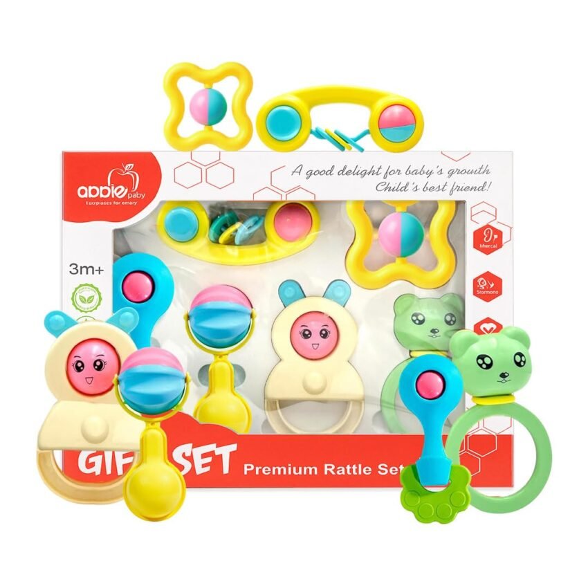 Apple baby 6 Pcs Rattles for Baby 0-6 Months | New Born Baby Toys Rattle Set with Fun Colors & Soft Rattling Sound | BPA Free Infant Teether Toy | Perfect New Born Toy Set Gift Pack – Made in India