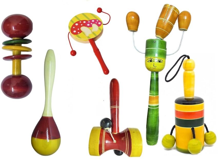 Little Mind Wooden Non Toxic Colourful Rattle Toys for Newborn Baby, Musical Infant Toy, Gift Set Age 0+ (Set of 6, Multicolor)
