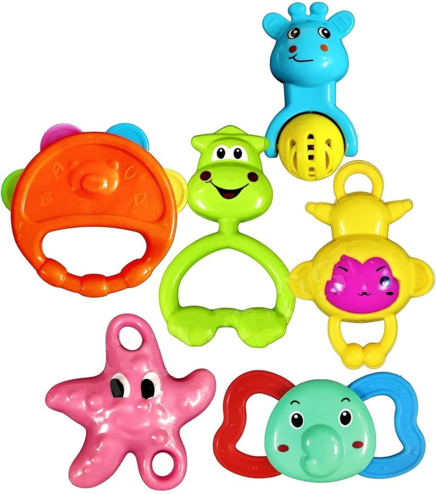 New Baby Gift Attractive Non Toxic 5 Rattle 1 Teether BPA Free New Born Infants Rattle (Multicolor) Perfect Kids Toys