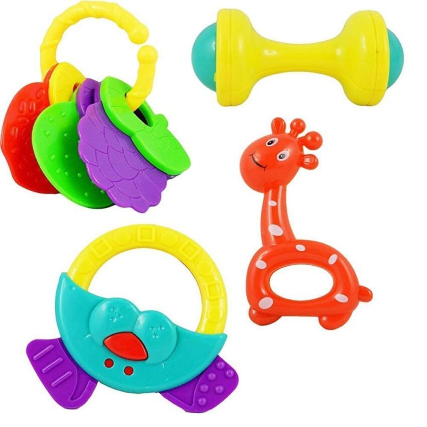Little Mind Infant Colourful Plastic Non Toxic Set of 4 Attractive Rattles and Teathers for New Borns, Baby,Kid Interactive Infant Toy Set (Multi Color)