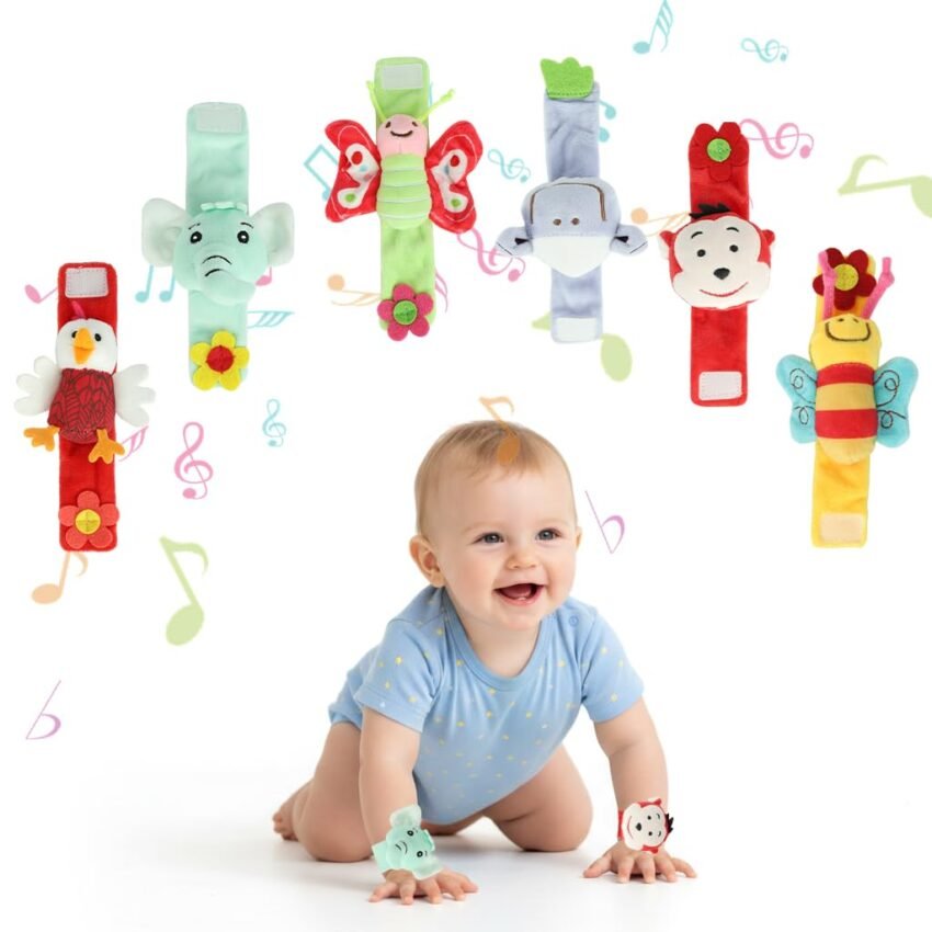 SNOWIE SOFT® 6Pcs Cartoon Rattle Set for Babies 0-6 Months, Soft Toy for Baby Boy, Bee, Sheep, Monkey, Butterfly, Chick & Elephant Interactive Fine Motor Sensory Toy for New Born Baby Gifts
