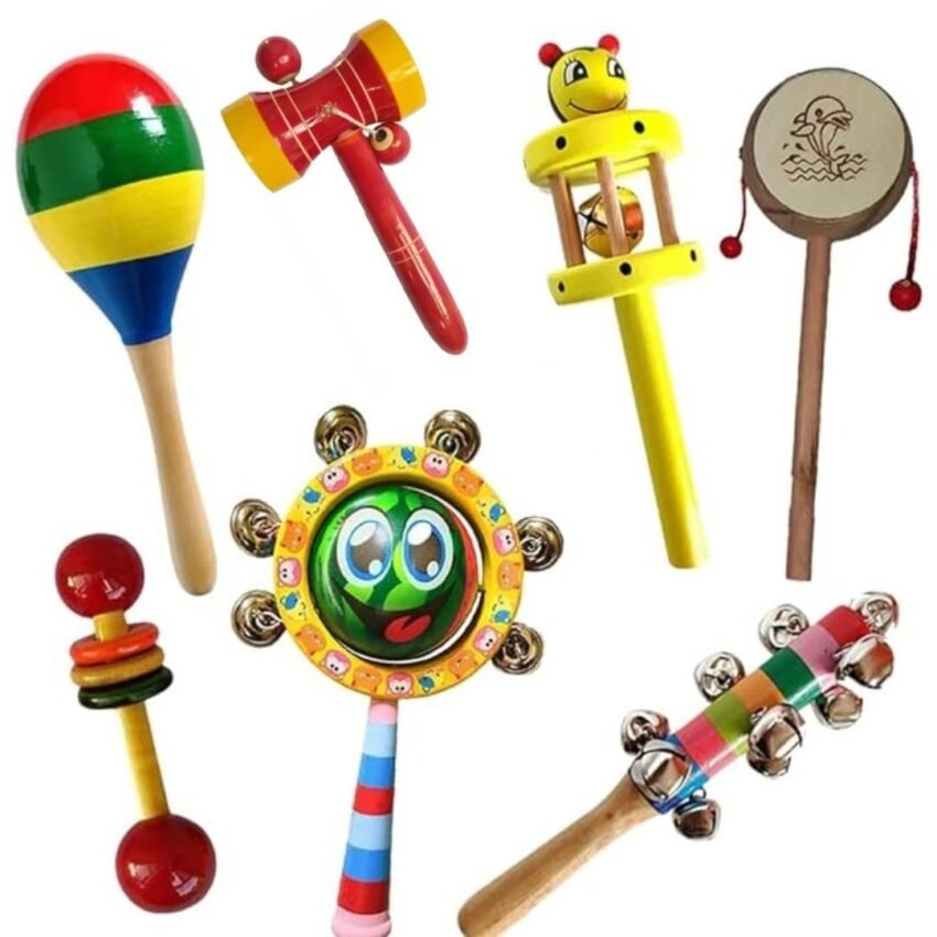 Little Mind Wooden Colourful Wooden Baby Rattle Toy – Hand Crafted Rattle Set for Kids – Musical Toy for Newly Born – Pack of 7