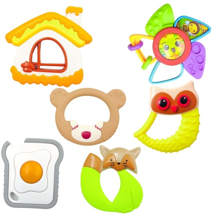 PLUSPOINT 6pcs Rattle Toys for Babies Infant Colourful Attractive Rattles and Teathers for 0-12 Months New Born Baby Toys with Fun Colors & Soft Rattling Sound Baby Teether New Born Toy Set Gift