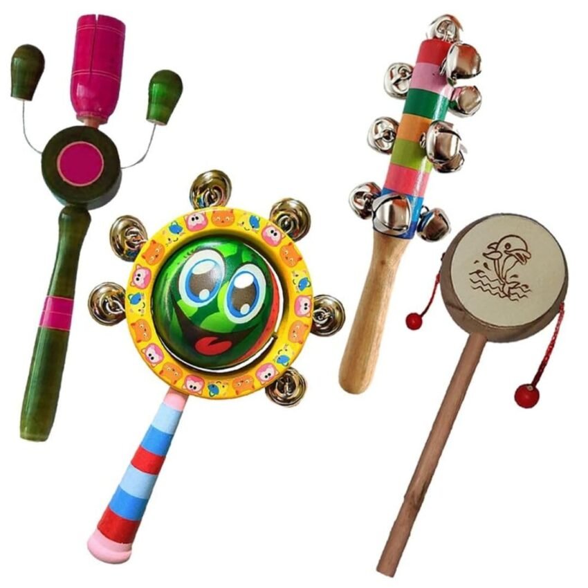 Colourful Wooden Baby Rattle Toy – Hand Crafted Rattle Set for Kids – Musical Toy for Newly Born (Pack of 4)