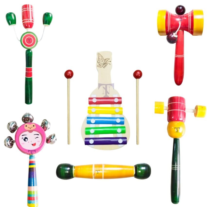 Colourful Rattles and Xylophone Toys for Kids – Non-Toxic Attractive Rattle for New Born – Wooden rattles and xyolophone with teether (Pack of 6) (Colour May Vary)