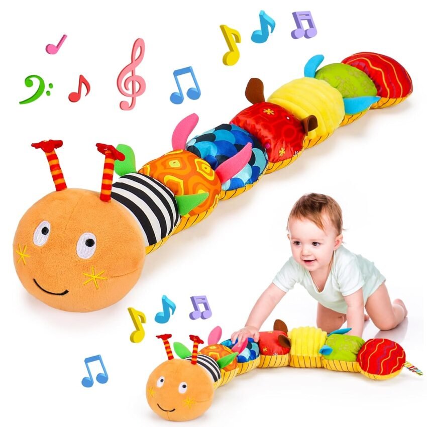 Baby Toys 0-3-6-12 Months Sensory Caterpillar Toys 0-3 Month Music Animal Stuffed Plush Toy for Infant Tummy Time with Crinkle Rattle for Newborn 9-12 Month Texture Toy for Boy Girl Birthday Gifts