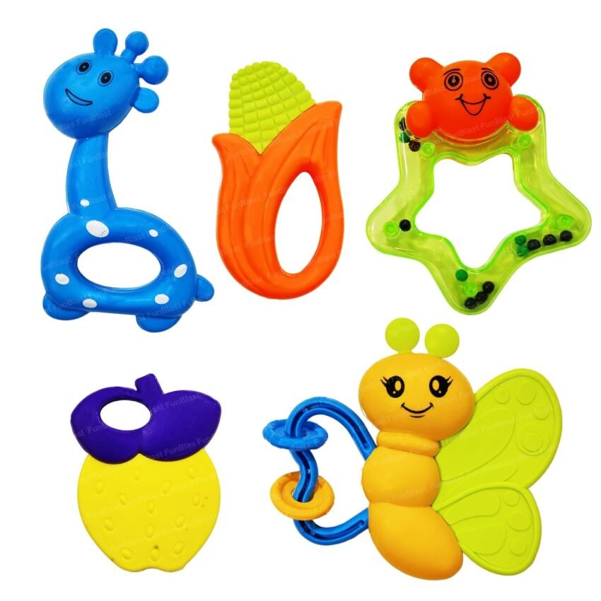 FunBlast Rattles for Babies – Pack of 5 Plastic Rattles and Teether for New Born Baby, Colorful Silicone Non-Toxic BPA Free for Babies, Toddlers, Infants & Children (Multicolor)