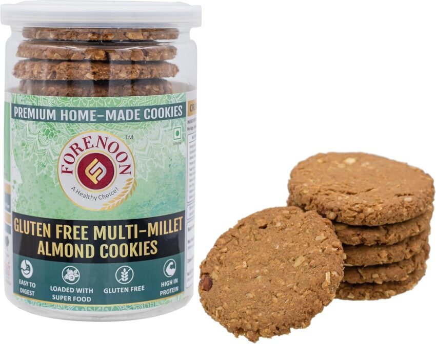 Fore Noon Multi-Millet Gluten-Free Almond Cookies | High Fiber Multi-Grain Biscuit | Made with Organic Jaggery, Cow Ghee & Rock Salt | Low Fat & Sugar | Healthy Snack for Kids & Adults | 100% Natural Ingredients | 178g Pack of 1
