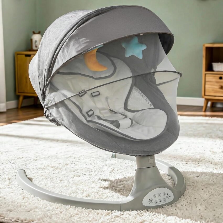 Baybee Electric Baby Swing with Adjustable Speed & Soothing Music | Baby Relaxing Swing Jhula with Mosquito Net, Safety Belt & Removable Toy | Rocking Function Cradle for New Born Babies (Grey)