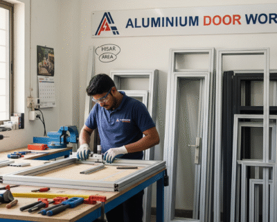 uminium-Door-Works-carefully-fabricating-an-aluminium-frame-in-the-workshop